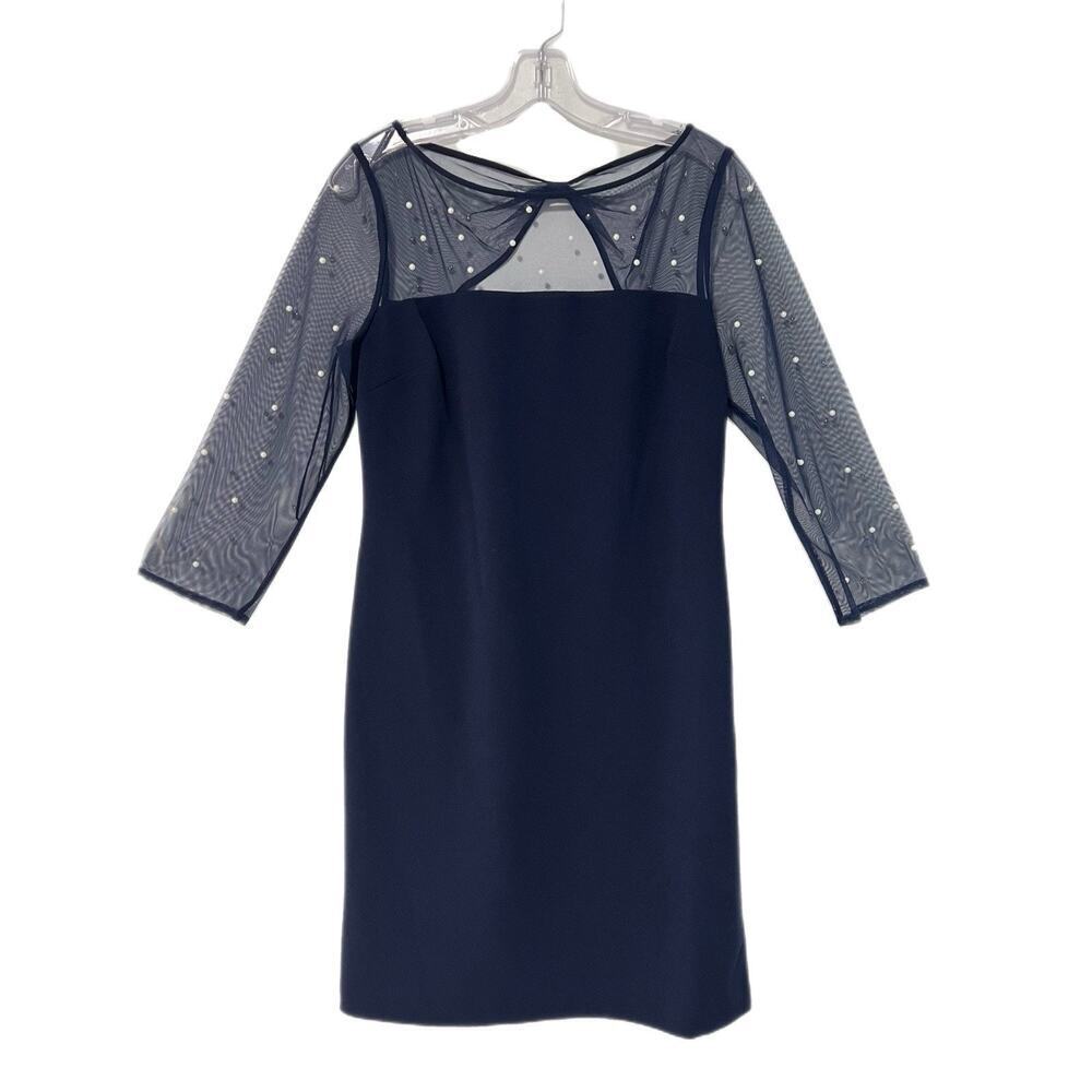 Karl Lagerfeld Cocktail Dress Ilussion Neckline Pearl Embellished Size 8 Blue - Picture 3 of 15